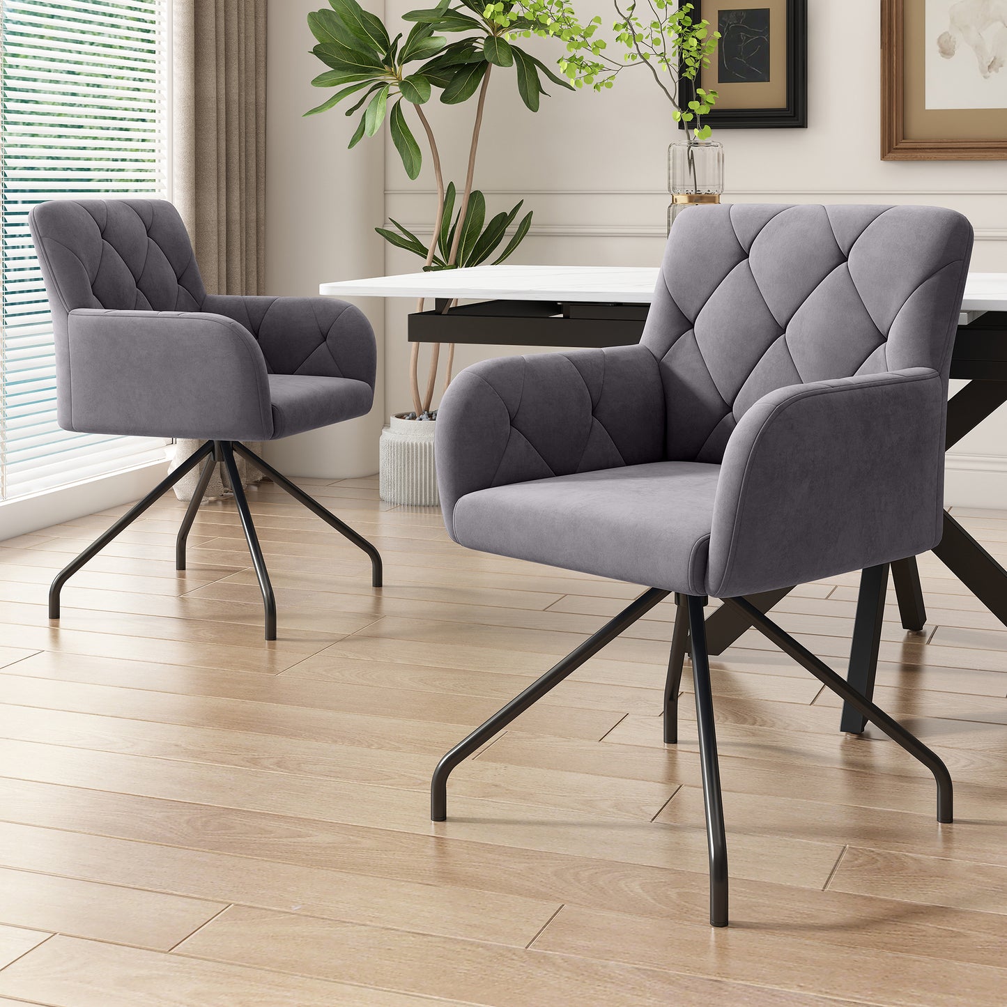 2er Set Esszimmerstühle mit Rautenmuster,Gepolsterter Sessel mit 4 Metallbeinen,Moderner Lounge-Stuhl,Wohnzimmerstuhl für Shlafzimmer,Lendenwirbelstütze,Samt,grau[OLD SKU:WF307624AAG]