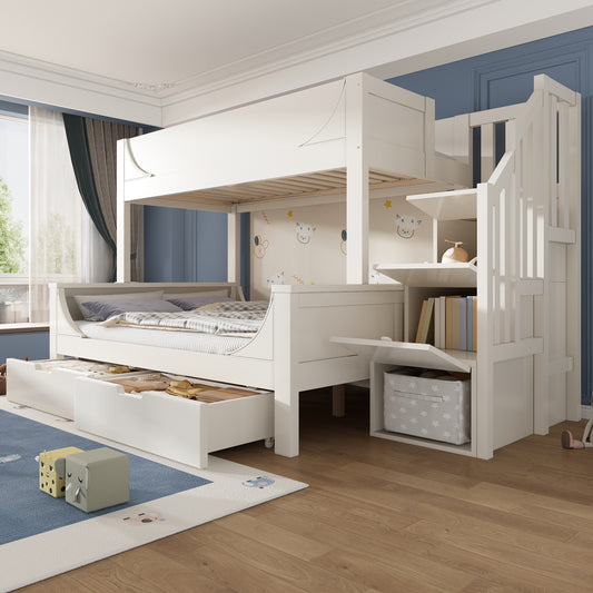 Gigab2b original image - Kinderbett Etagenbett mit Leiterschrank & Schubladen, Elegante Schlittenform Design, Holzbett mit Rausfallschutz und Lattenrost, Oben 90x200cm, Unten 140x200cm Doppelbett, Weiß(Ohne Matratze)