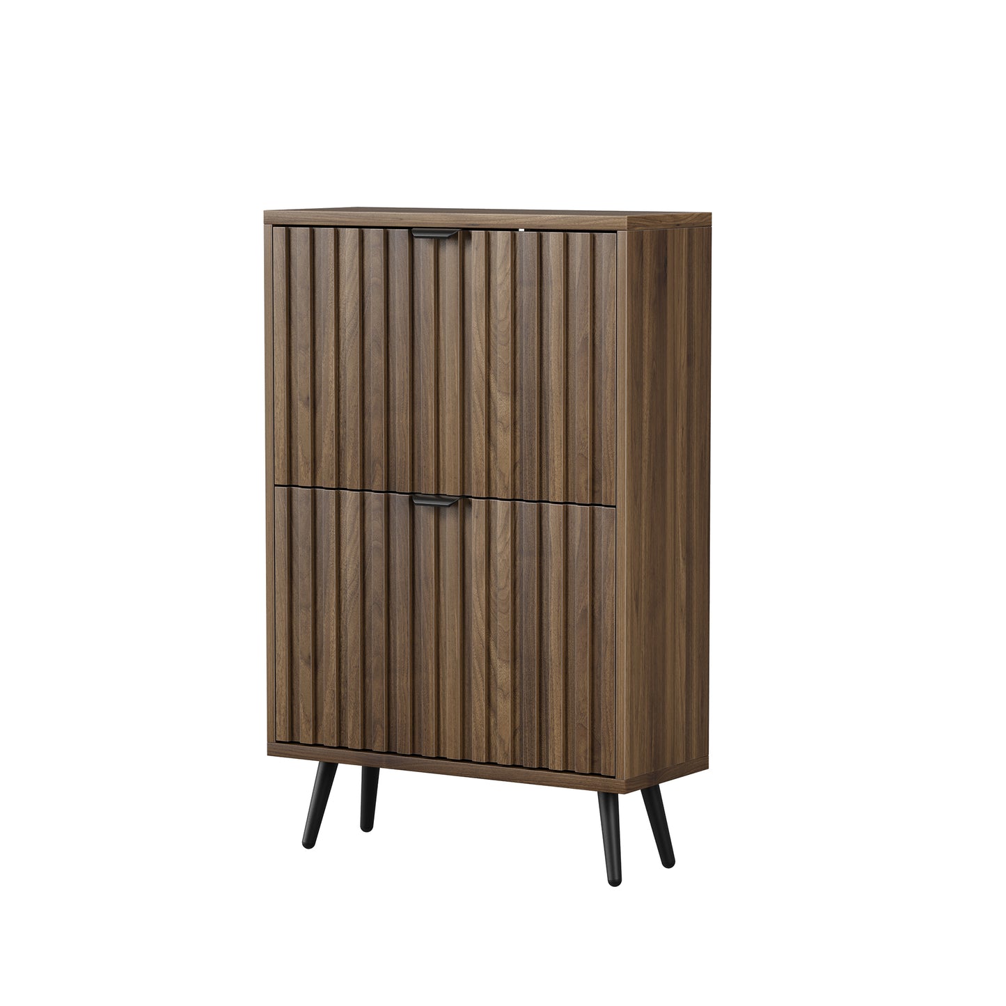 60 cm Schuhschrank aus Walnussholz – Freistehende Schuhaufbewahrung im Mid-Century-Modern-Stil mit zwei Klappfächern und gerilltem Design – Ideal für Flure und Eingangsbereiche