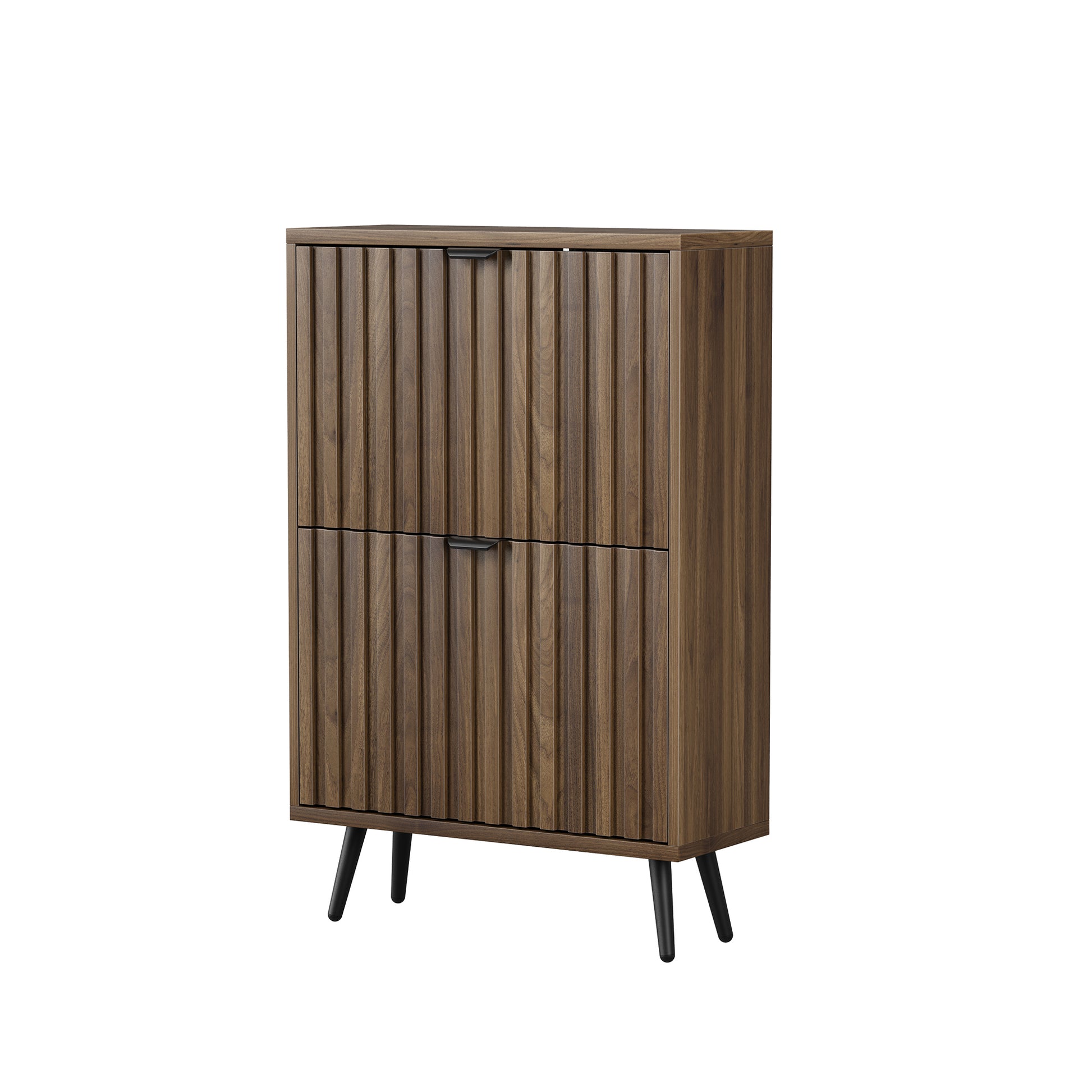 60 cm Schuhschrank aus Walnussholz – Freistehende Schuhaufbewahrung im Mid-Century-Modern-Stil mit zwei Klappfächern und gerilltem Design – Ideal für Flure und Eingangsbereiche