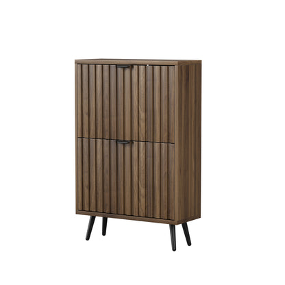 60 cm Schuhschrank aus Walnussholz – Freistehende Schuhaufbewahrung im Mid-Century-Modern-Stil mit zwei Klappfächern und gerilltem Design – Ideal für Flure und Eingangsbereiche