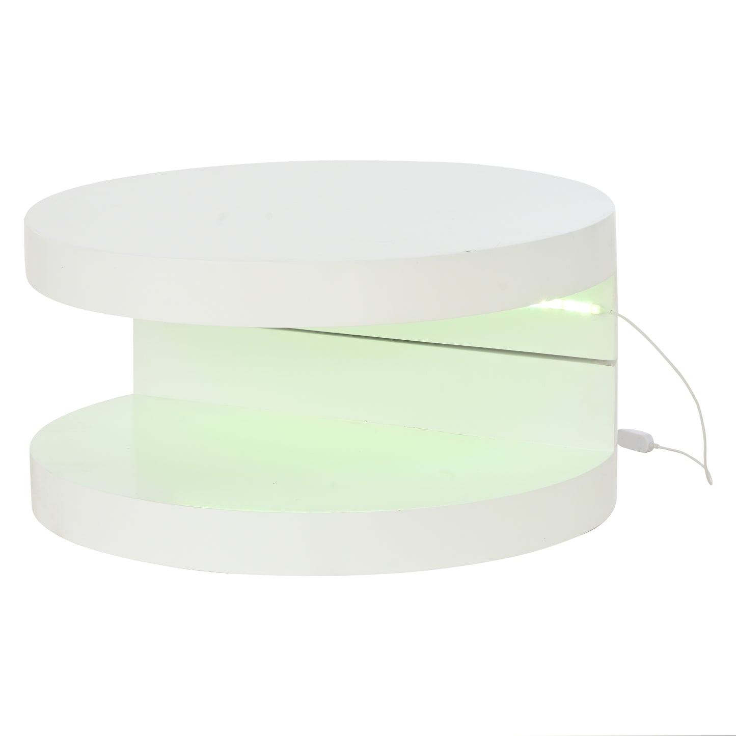 N625P300074W 70*70*35.5cm Couchtisch, Obere Tischplatte 360° frei drehbar, Drehbarer Sofatisch mit LED-Lichtleiste, Zylindrischer Wohnzimmertisch aus MDF, belastbar bis 30 kg, 2-Schicht-Aufbau,Weiß