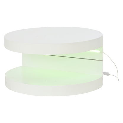 N625P300074W 70*70*35.5cm Couchtisch, Obere Tischplatte 360° frei drehbar, Drehbarer Sofatisch mit LED-Lichtleiste, Zylindrischer Wohnzimmertisch aus MDF, belastbar bis 30 kg, 2-Schicht-Aufbau,Weiß