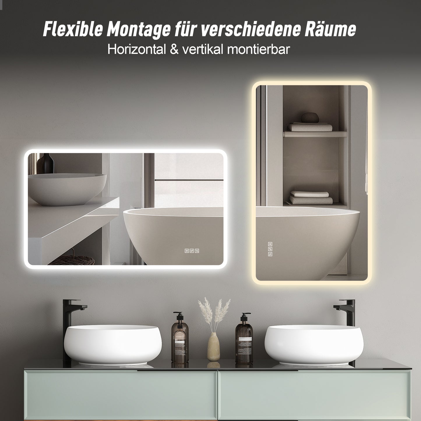 60×120cm LED Badezimmerspiegel mit Milchglasrand, Frontbeleuchtung, Anti-Beschlag, 3 Lichtfarben, Stufenlos Dimmbar, Memory-Funktion, Horizontal & Vertikal Montierbar, IP44 Wasserdicht