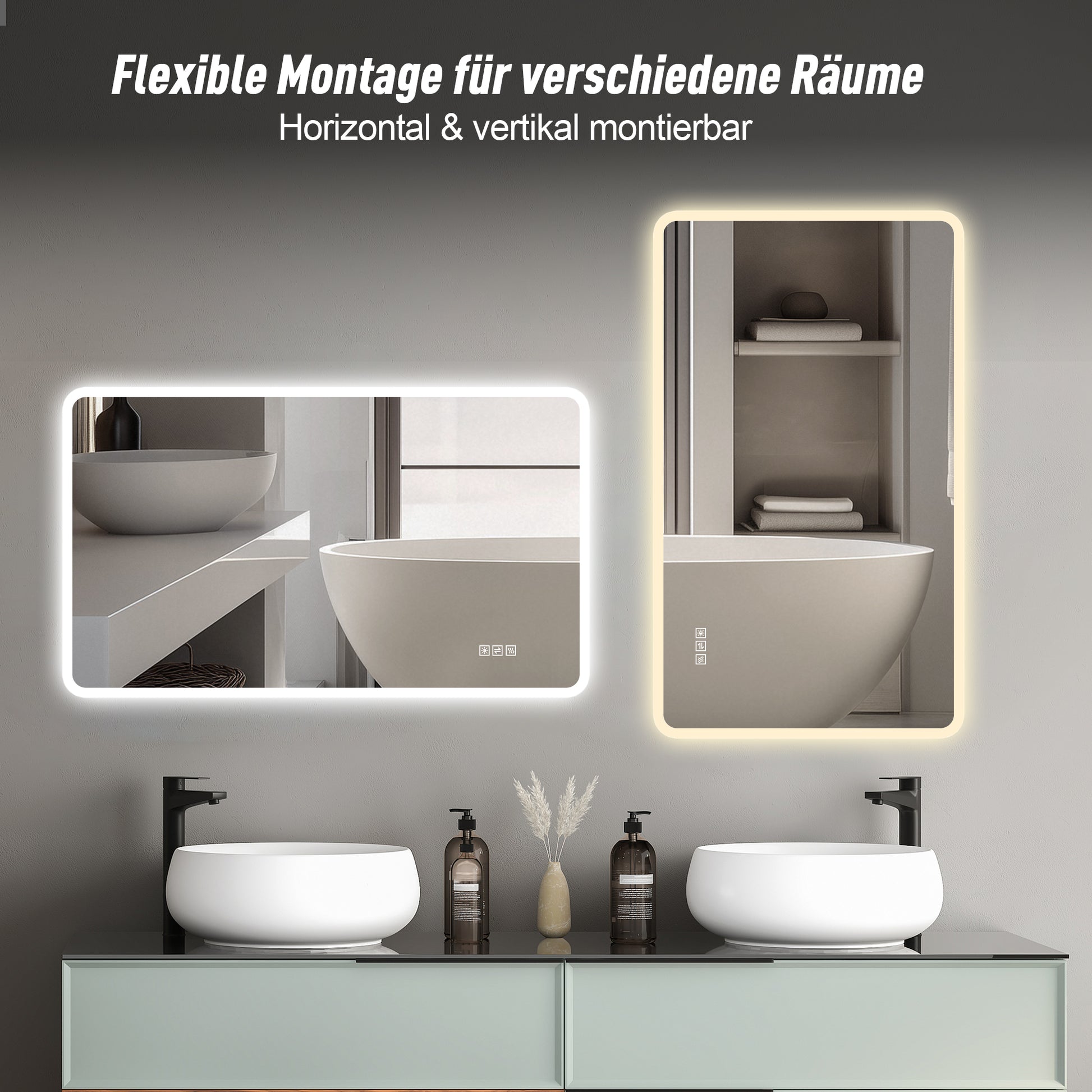 60×120cm LED Badezimmerspiegel mit Milchglasrand, Frontbeleuchtung, Anti-Beschlag, 3 Lichtfarben, Stufenlos Dimmbar, Memory-Funktion, Horizontal & Vertikal Montierbar, IP44 Wasserdicht