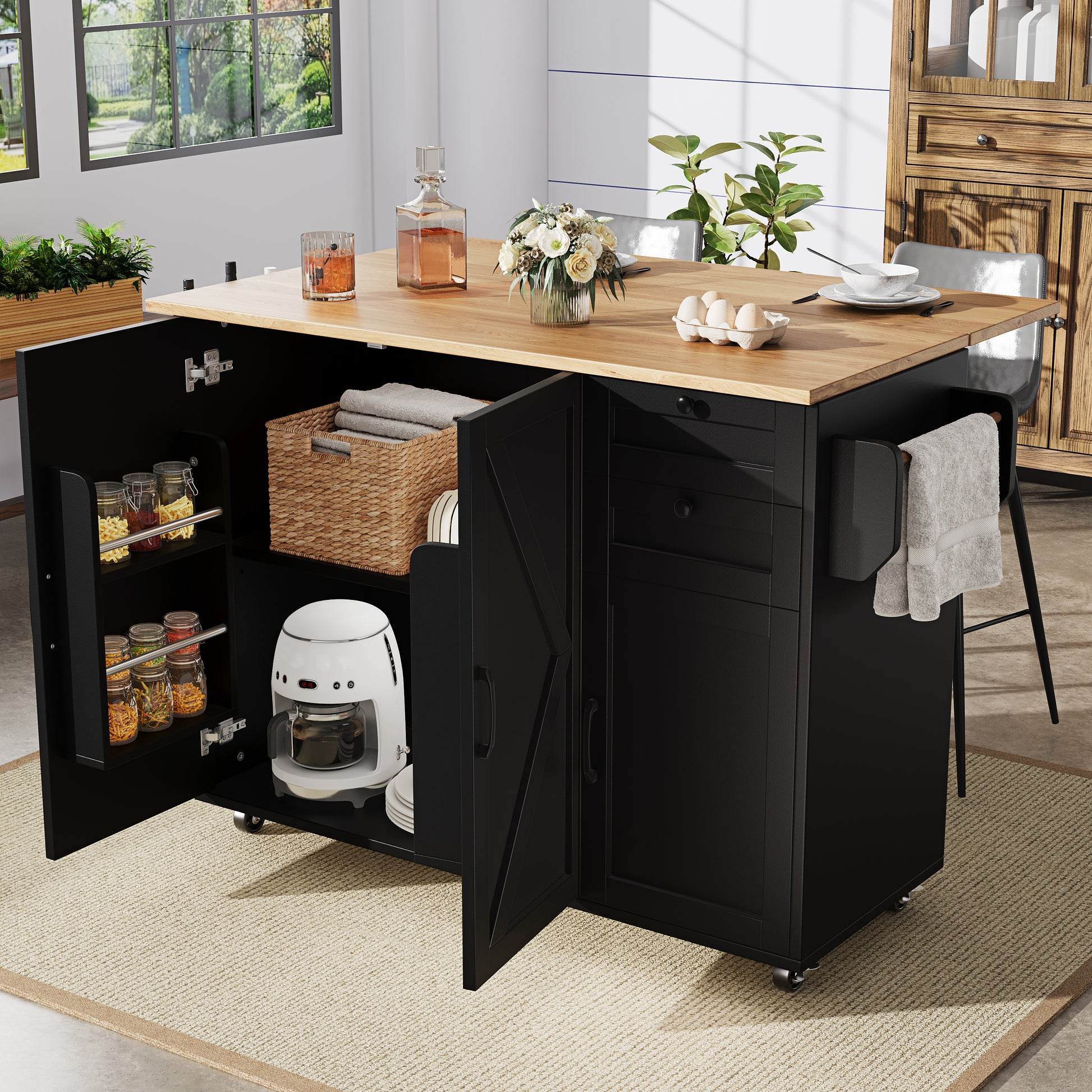 Gigab2b original image - Moderne Kücheninsel, Küchenschrank, buffetschrank, Speisewagen mit Holzmaserung, buffetschrank, Multifunktionale Esstisch mit Speicherraum, Speisewagen mit Snackregalen, schwarz