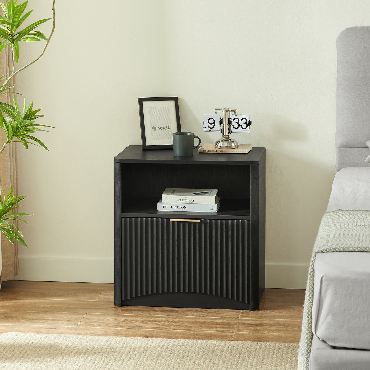 Space-Saving Nightstand with Open Drawer and Gold Handles