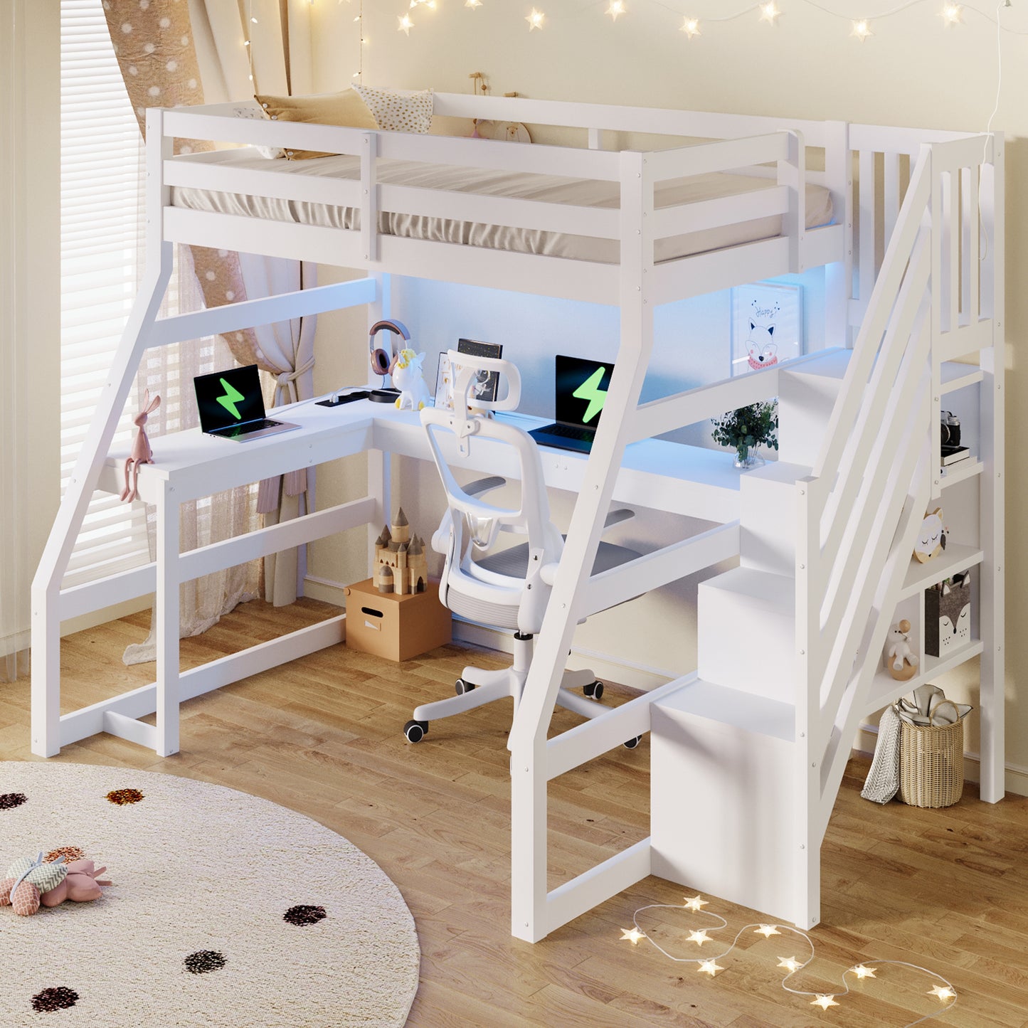 90x200 großes Hochbett aus Holz mit Schreibtisch, LED-Beleuchtung, USB-Anschluss und Treppe mit Stauraum, Weiß