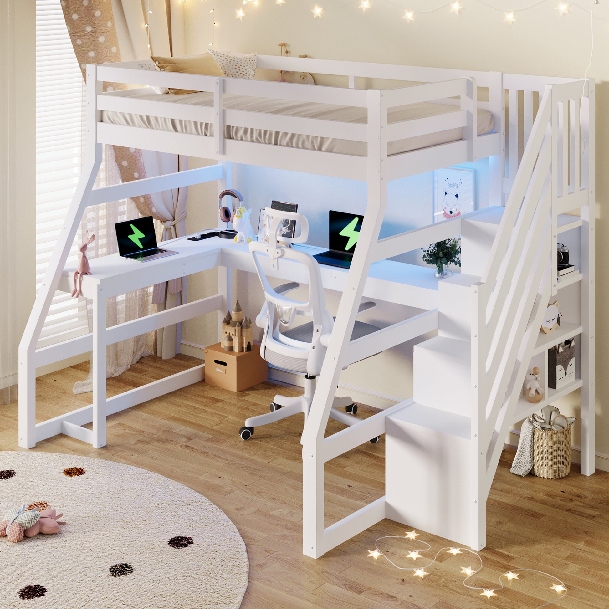 90x200 großes Hochbett aus Holz mit Schreibtisch, LED-Beleuchtung, USB-Anschluss und Treppe mit Stauraum, Weiß