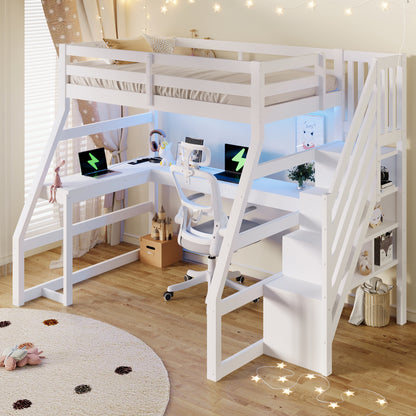 90x200 großes Hochbett aus Holz mit Schreibtisch, LED-Beleuchtung, USB-Anschluss und Treppe mit Stauraum, Weiß