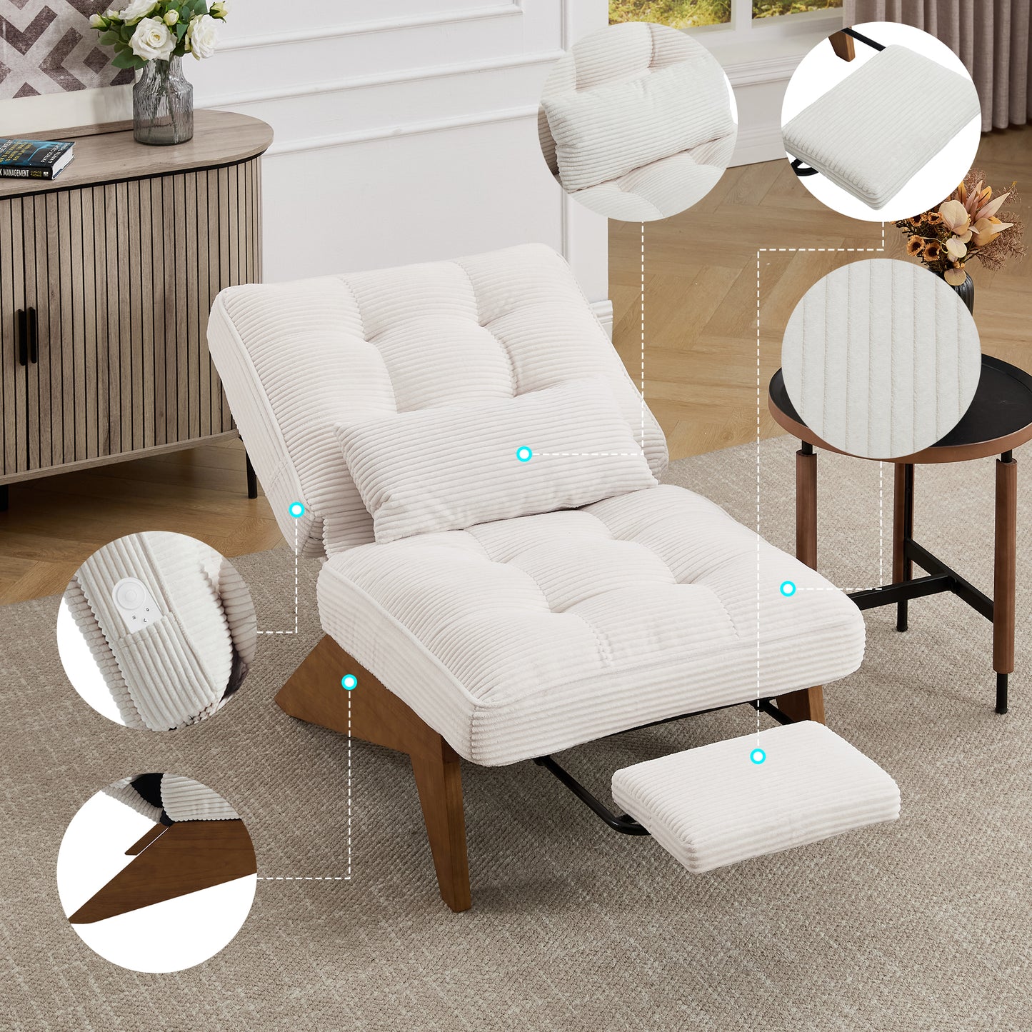 Gigab2b original image - Moderner verstellbarer rückenfreier Loungesessel aus Stoff mit Fußstütze mit Lendenkissen und Holzbeinen für Wohnzimmer/Schlafzimmer/Studierzimmer (beiger Cord)