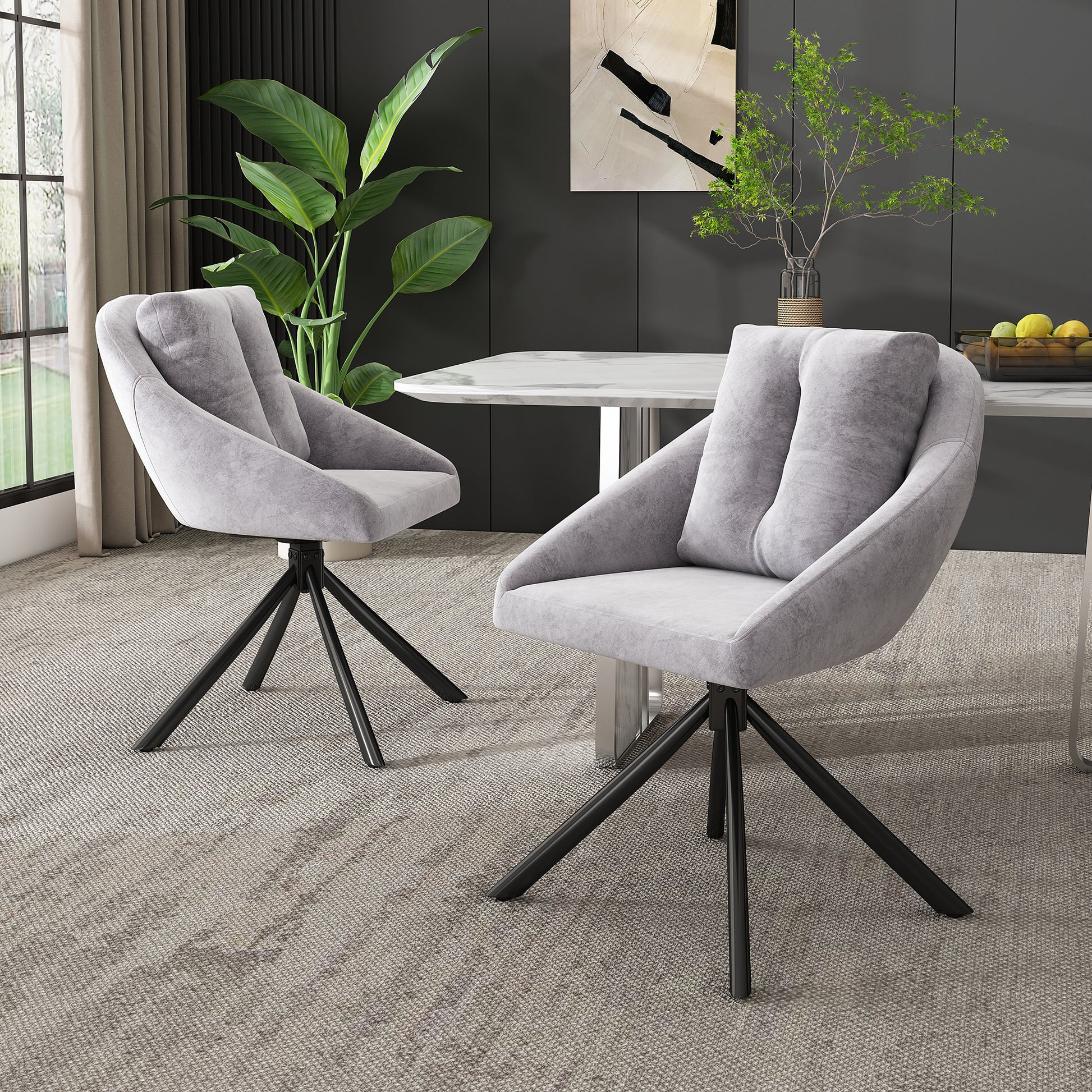 Gigab2b original image - Moderner grauer Samtstuhl, stilvoller und bequemer drehbarer Esszimmerstuhl, atmungsaktiver Samtstoff, ergonomisches Design, eleganter grauer Drehstuhl