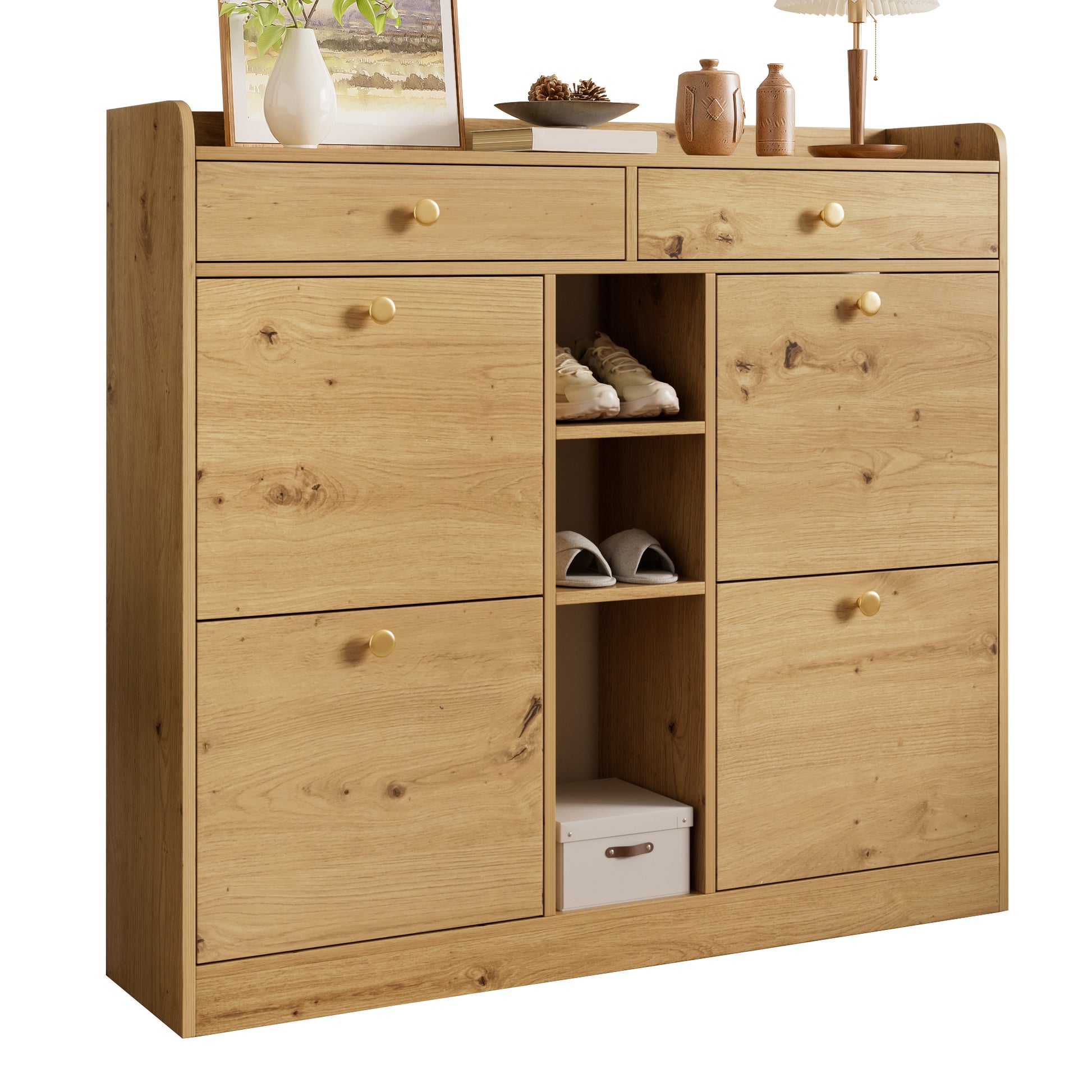 Gigab2b original image - Edler holzfarbener Schuhschrank mit 4 Klapptüren, 2 Schubladen, 3 offenen Fächern - perfekt für moderne Flure und Eingangsbereiche, Maße 110 x 26 x 100 cm