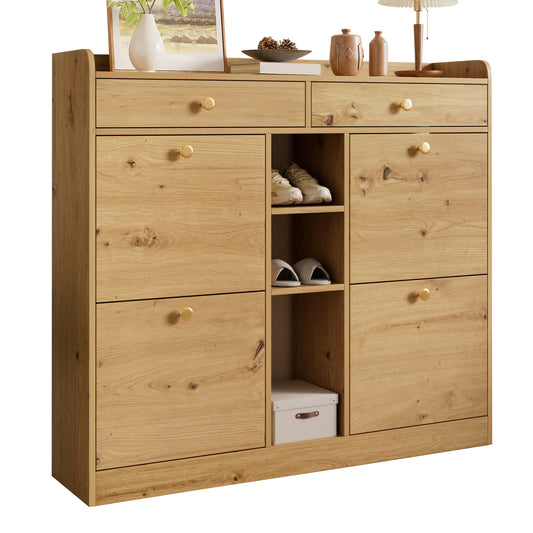 Gigab2b original image - Edler holzfarbener Schuhschrank mit 4 Klapptüren, 2 Schubladen, 3 offenen Fächern - perfekt für moderne Flure und Eingangsbereiche, Maße 110 x 26 x 100 cm