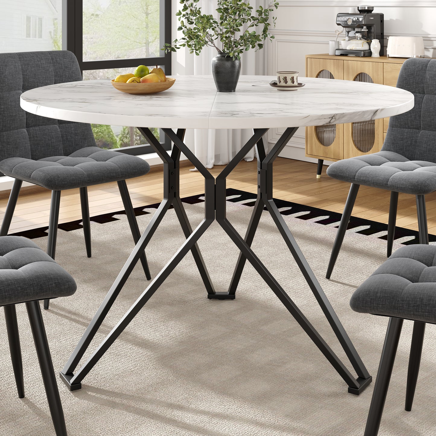 Gigab2b original image - Runder Esstisch (100×100×76cm), Küchen-Esstisch, runder Couchtisch für 4 Personen, geeignet für Esszimmer, Wohnzimmer, stilvolle Tischbeine aus Metall, Tischplatte aus MDF-Marmor, schwarz