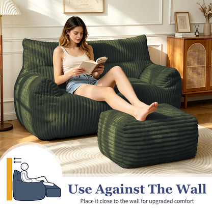Double Bean Bag Chair with Ottoman - Large Loungers for Living Rooms