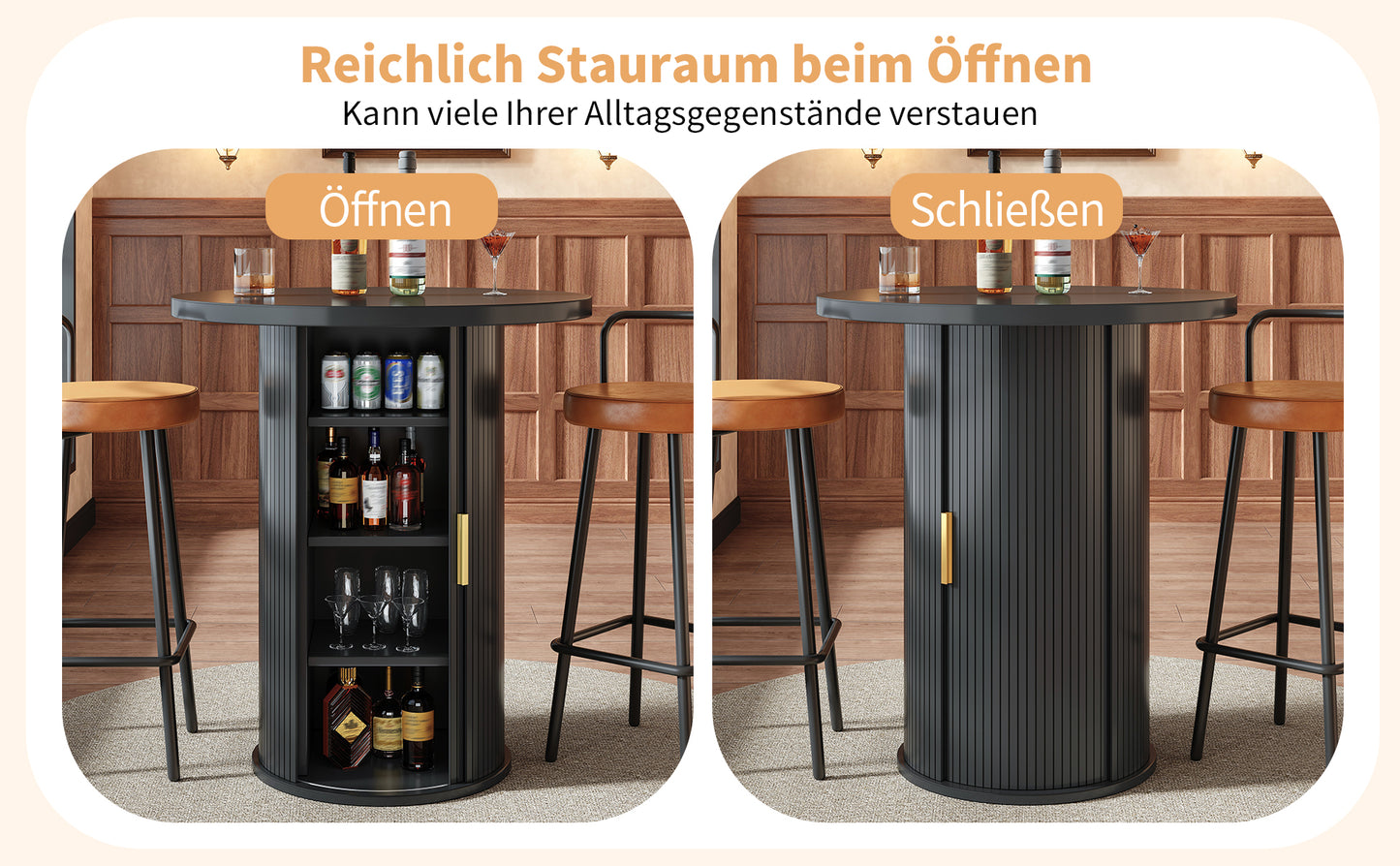 Bartisch-Set mit 2 Barhockern, Runder Stehtisch mit Stauraum & 2 ergonomischen Barhockern, MDF Holzoptik, für Bar & Wohnzimmer
