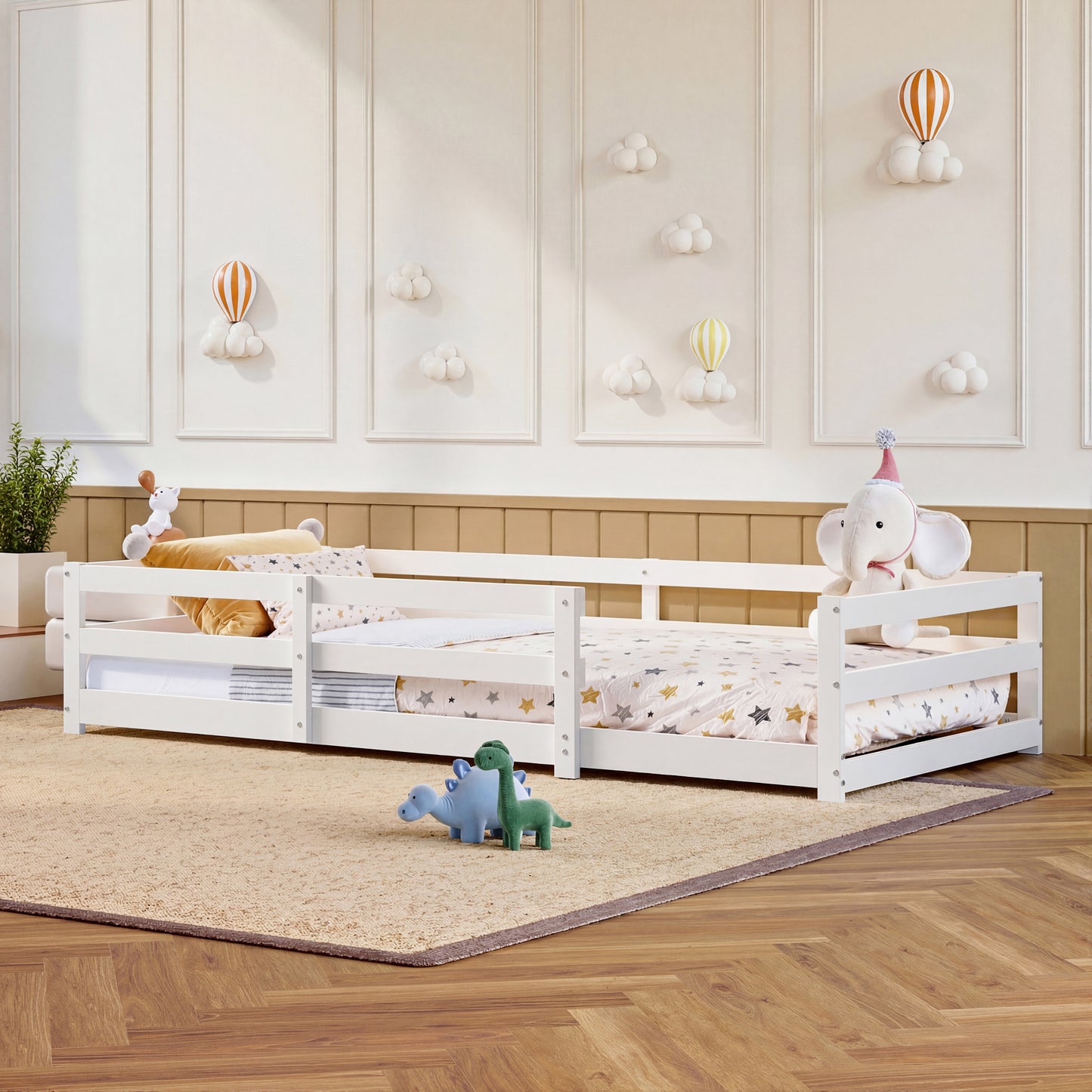 Montessori Bodenbett mit Schutzgitter – Flaches Bett ohne Boxspring nötig, aus Kiefernholz, schnell montiert (90x200 cm, weiß)