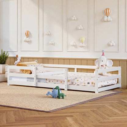 Montessori Bodenbett mit Schutzgitter – Flaches Bett ohne Boxspring nötig, aus Kiefernholz, schnell montiert (90x200 cm, weiß)