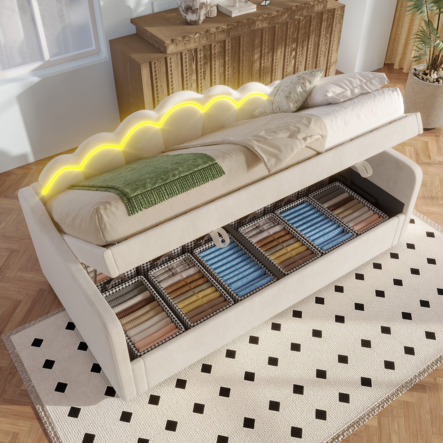 Gigab2b original image - Tagesbett, Schlafsofa, Hydraulisch Bett, Mit Stauraum, Einzelbett (Ohne Matratze), Samt, Farbwechselbarer LED-Streifen, 90x200cm, Beige