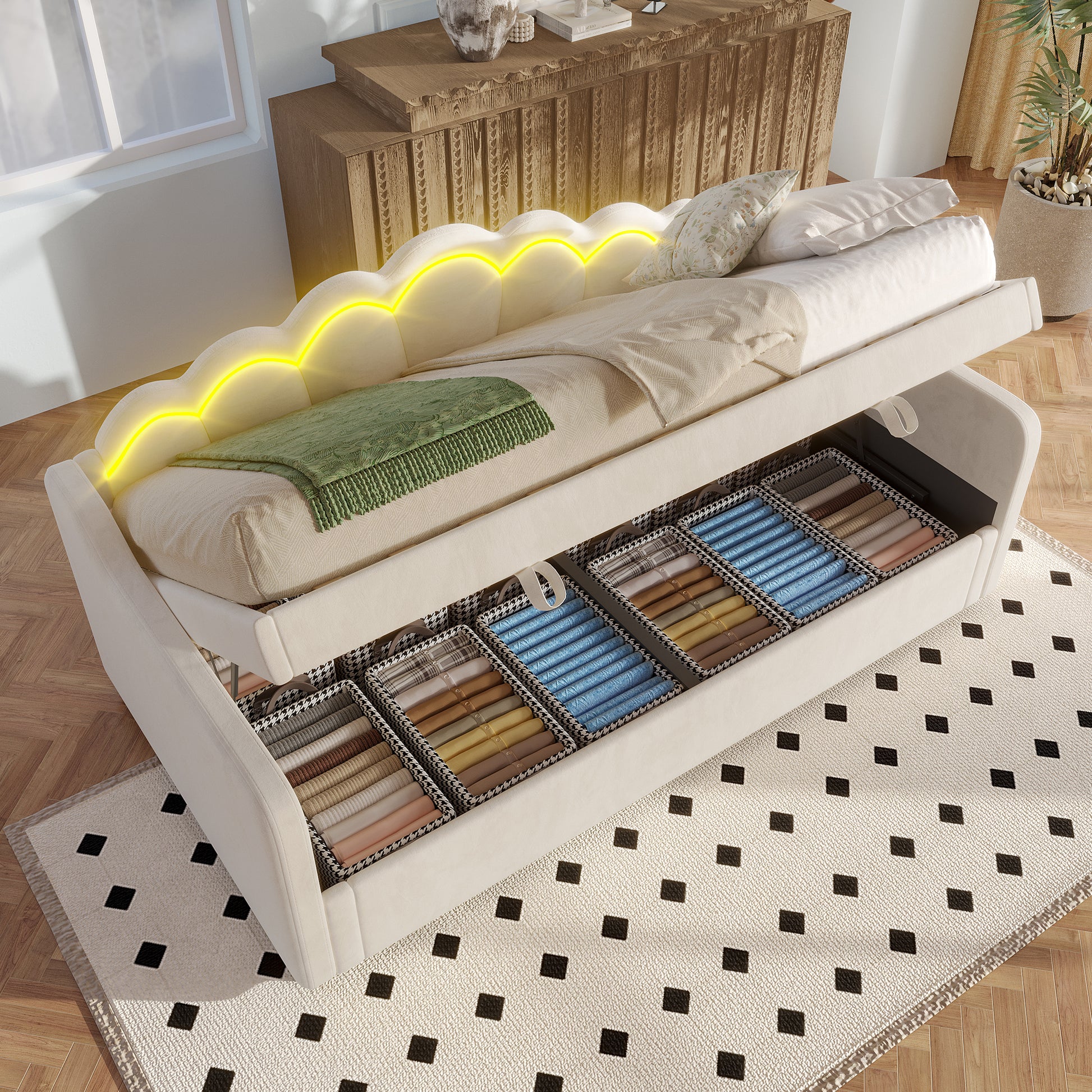 Gigab2b original image - Tagesbett, Schlafsofa, Hydraulisch Bett, Mit Stauraum, Einzelbett (Ohne Matratze), Samt, Farbwechselbarer LED-Streifen, 90x200cm, Beige