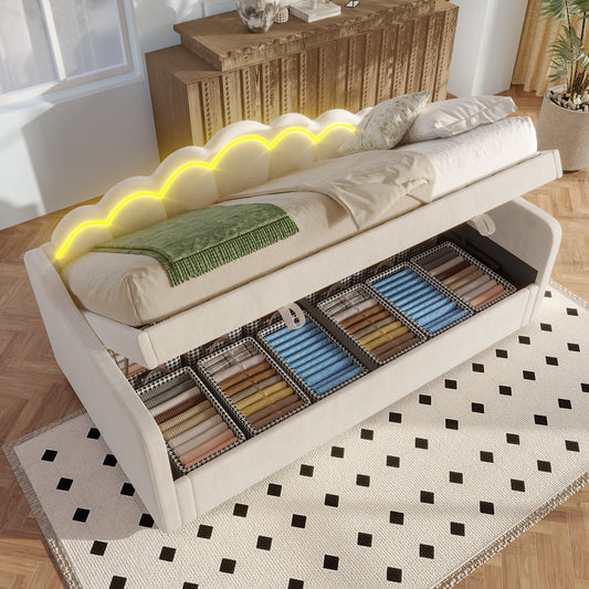 Gigab2b original image - Tagesbett, Schlafsofa, Hydraulisch Bett, Mit Stauraum, Einzelbett (Ohne Matratze), Samt, Farbwechselbarer LED-Streifen, 90x200cm, Beige