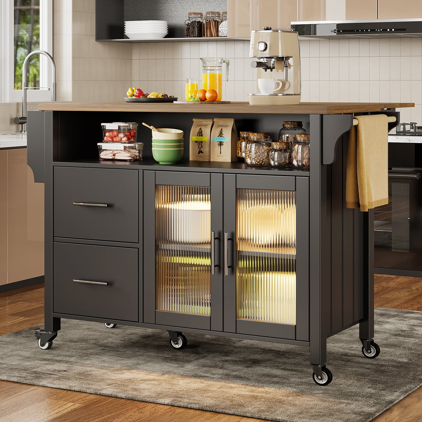Gigab2b original image - Kücheninsel mit herausnehmbaren Trennwänden, Speisewagen mit Arbeitsplatte, Buffetschrank, Speisewagen mit Glasvitrine in Holzmaserung, LED-Leuchten, seitlicher Handtuchhalter mit Rollen, Schwarz