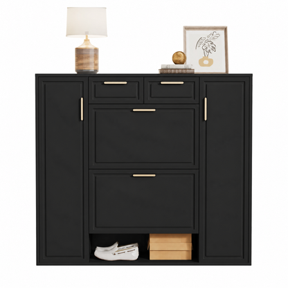 Moderne Schuhschrank, mit verstellbaren Regalen, goldenen Griffen, 2 Schubladen, Klappschuhschrank und 2 Türen, Schwarz, B120/D24/H107 CM