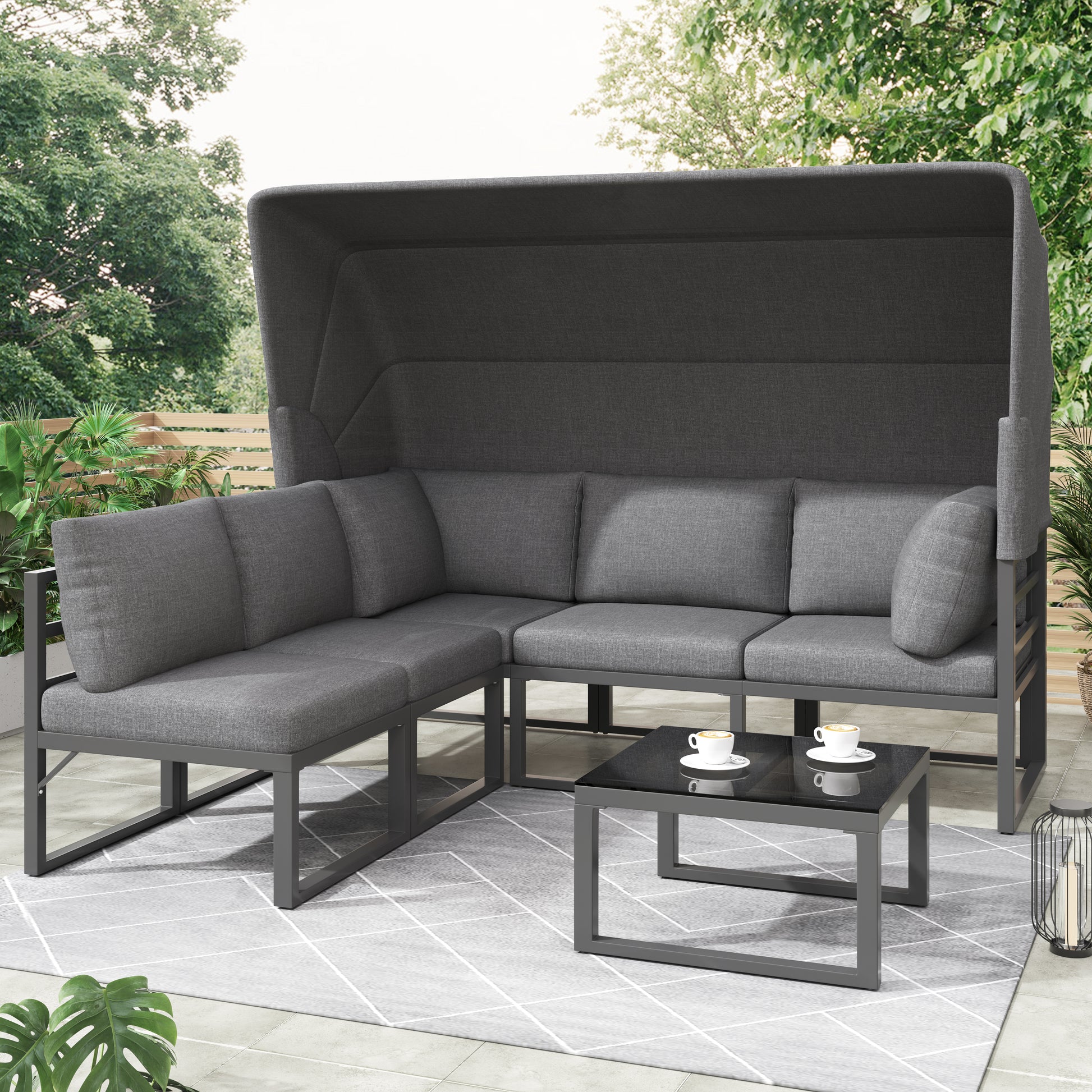 Gigab2b original image - Garten Loungesessel Set, Iron Sunny Island Sitzgruppe Hocker und Tisch mit Markise 4er Set Balkon und Garten Loungemöbel Terrassenmöbel Wetterfest Grau Inkl. aller Kissen(previous sku:HW24006AAA)