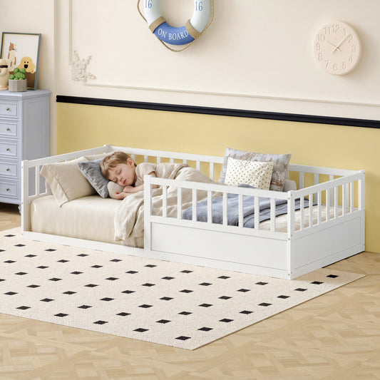 Gigab2b original image - Massivholz Kinderbett Bodenbett 90x200 cm mit Rausfallschutz & Lattenrost, Montessori Bett Gitterbett mit offener Seite, Kiefer Einzelbett in Weiß