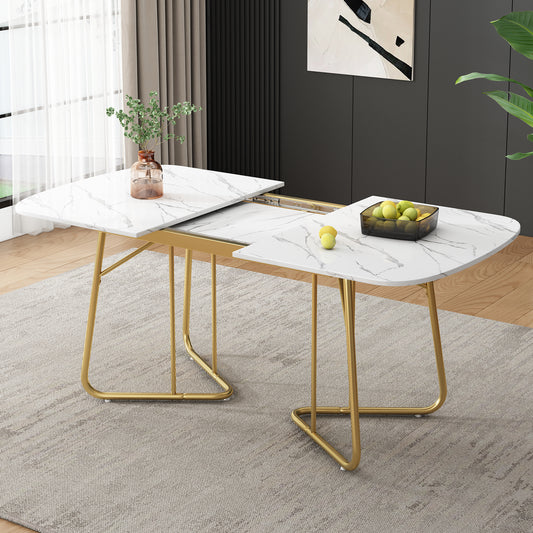 Gigab2b original image - Weißer erweiterbarer Esstisch mit Marmorstruktur, vergoldete Metall-Tischbeine, erweiterbarer Esstisch140/180*80 cm, exquisiter Luxus-Stil, weißer rechtwinkliger Esstisch, geeignet für 4–6 Person