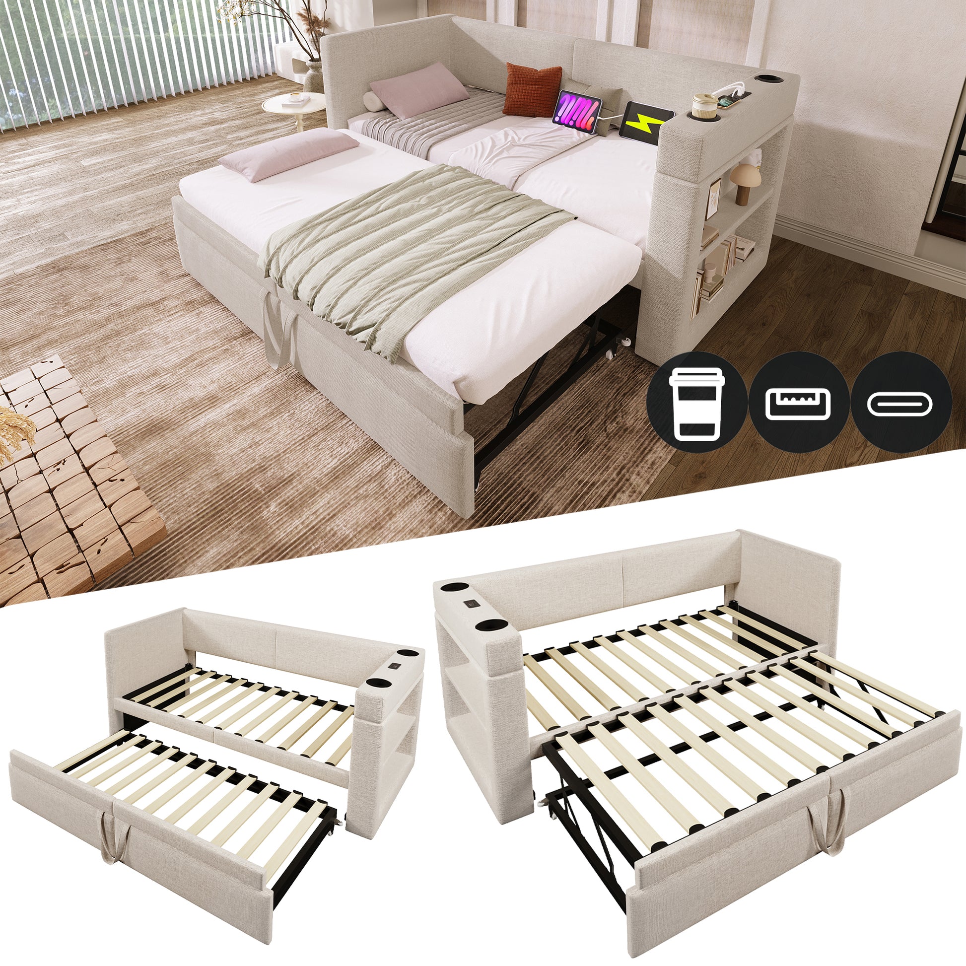 Gigab2b original image - Polstertes Daybett 90x200 cm, Einzelbett Schlafsofa mit Ausziehbett, Armlehnen mit USB- & Type-C-Ladeanschluss und Getränkehalter, Leinen-Mischgewebe, Beige, ohne Matratze.