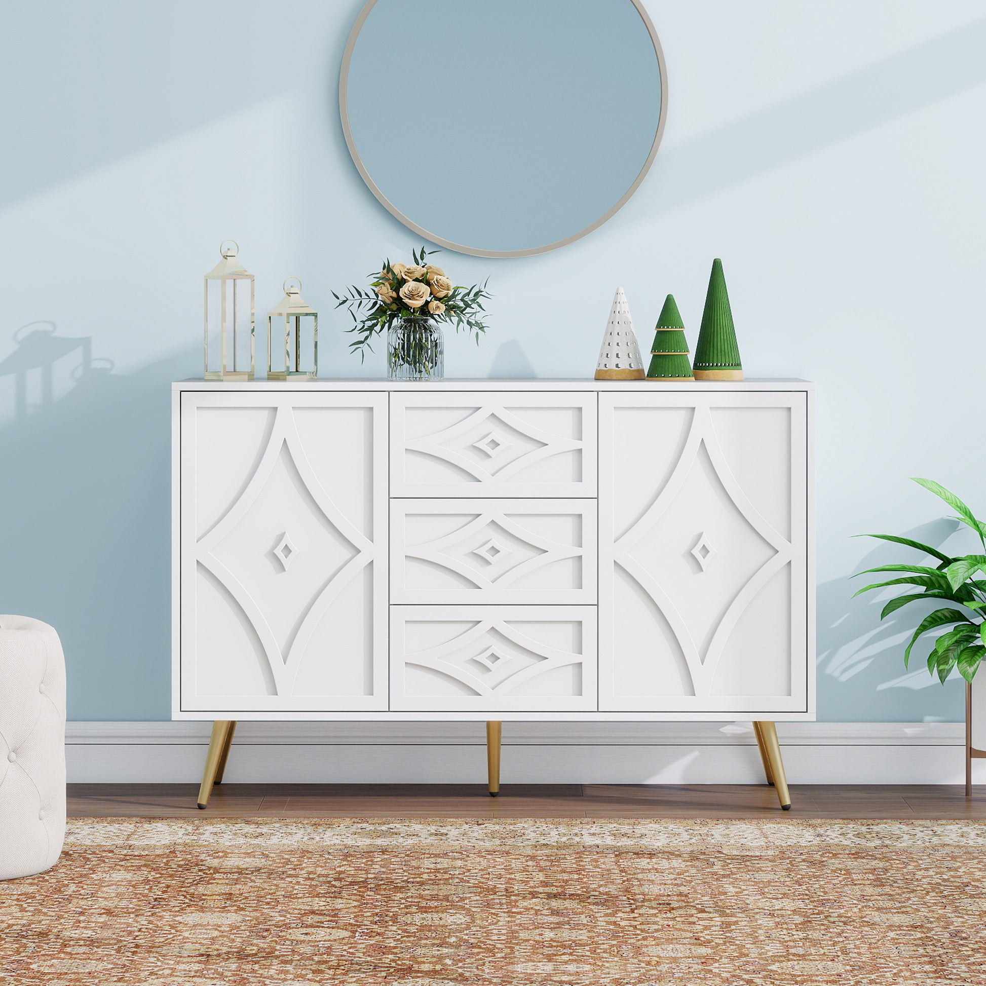 Gigab2b original image - Elegante Kommode mit Rautenmuster – Weißes Sideboard mit 3 Schubladen & 2 Türen, Goldfüße, 120×40×80 cm, Modernes Design für Wohnzimmer, Flur oder Schlafzimmer