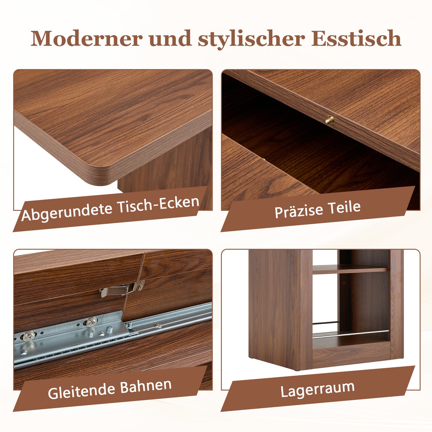 Moderner ausziehbarer Esstisch aus Nussbaumholz mit Ablage, platzsparender Küchentisch aus Holz für 4–8 Personen, ausziehbarer Esstisch mit Metallschienen