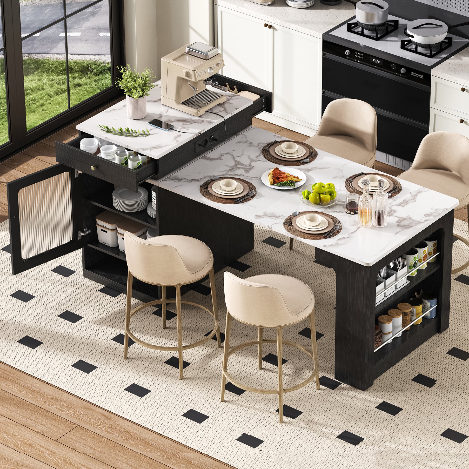 Gigab2b original image - Kücheninsel mit Rollen, Ausziehbarer Esstisch mit abnehmbarer Tischplatte, Bartisch mit Steckdosenleisten, dient als Kücheninsel, Anrichte, Sideboard oder Bartisch für Küche und Esszimmer (Schwarz)