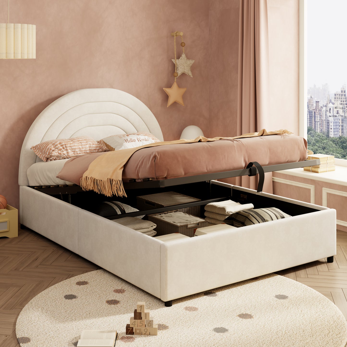 Polsterbett 140*200, Kinderbett mit Lattenrost und Kopfteil, Jugendbett, für Erwachsene und Jugendliche geeignet, Holzlatten, einfache Montage, Inklusive Matratze, Samt, Beige