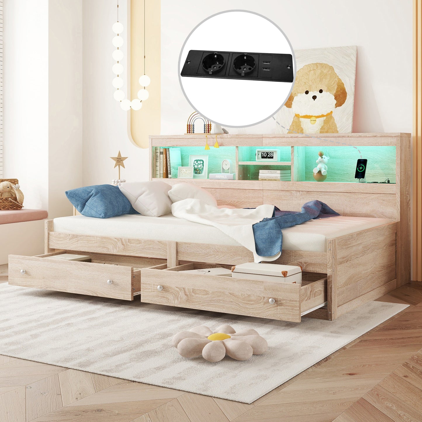 Daybett, 90*200cm Tagesbett, Schlafsofa, Nachtkästchen,Bett mit 2 USB- und 2 Ladebuchsen, Ambiente-Beleuchtung, Bett mit zwei Schubladen, Bett mit Lattenrost (ohne Matratze), Spanplatte, Natur