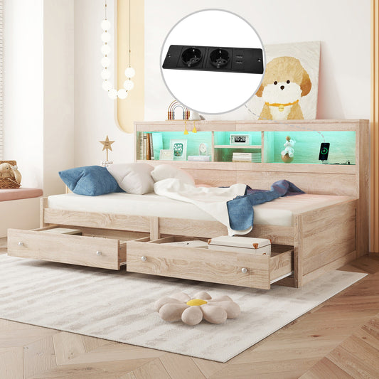 Daybett, 90*200cm Tagesbett, Schlafsofa, Nachtkästchen,Bett mit 2 USB- und 2 Ladebuchsen, Ambiente-Beleuchtung, Bett mit zwei Schubladen, Bett mit Lattenrost (ohne Matratze), Spanplatte, Natur