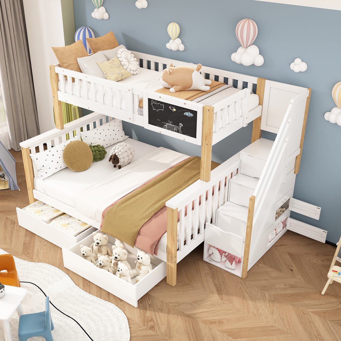 Gigab2b original image - Kinder-Etagenbett, Doppelbett, multifunktionales Kinderbett, mit Tafel und Schubladen, ohne Matratze, weiß+helle Eiche, 90*200+140*200[OLD SKU:N634W0007N]