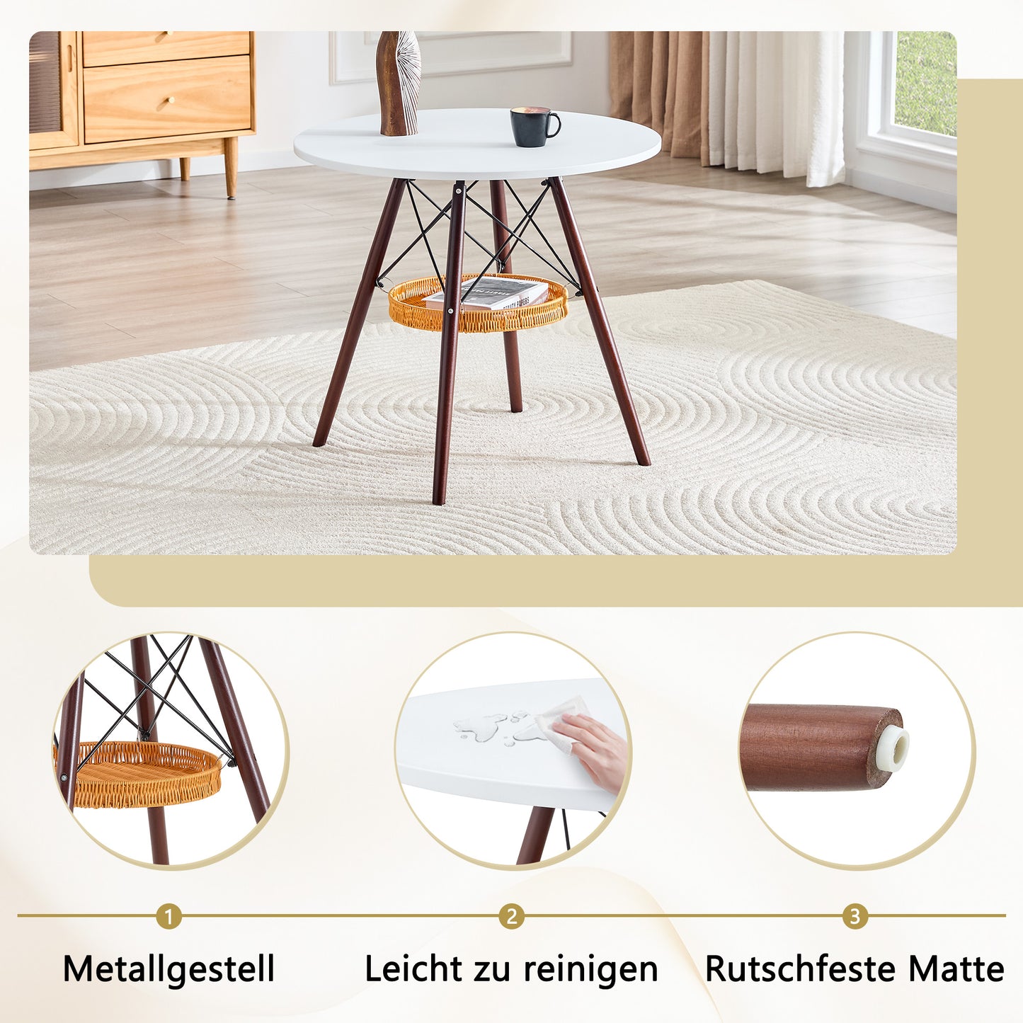 Runder Esstisch Ø 80 cm,Tischplatte aus weißem MDF, Tischbeine aus walnussfarbenem Massivholz, kombiniert mit einer schwebenden, geflochtenen Ablagekorbkonstruktion, geeignet für 2 bis 4 Personen.