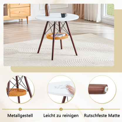 Runder Esstisch Ø 80 cm,Tischplatte aus weißem MDF, Tischbeine aus walnussfarbenem Massivholz, kombiniert mit einer schwebenden, geflochtenen Ablagekorbkonstruktion, geeignet für 2 bis 4 Personen.