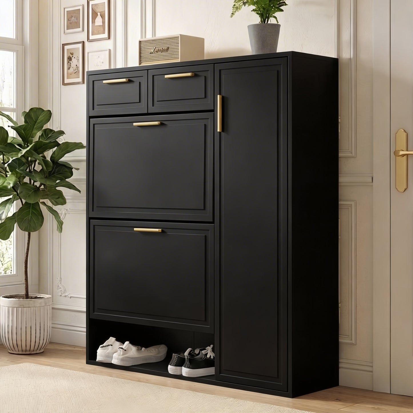 Gigab2b original image - Moderne Schuhschrank, mit verstellbaren Regalen, goldenen Griffen, Schubladen, Klappschuhschrank und Türen,  Schwarz, B95/D24/H107