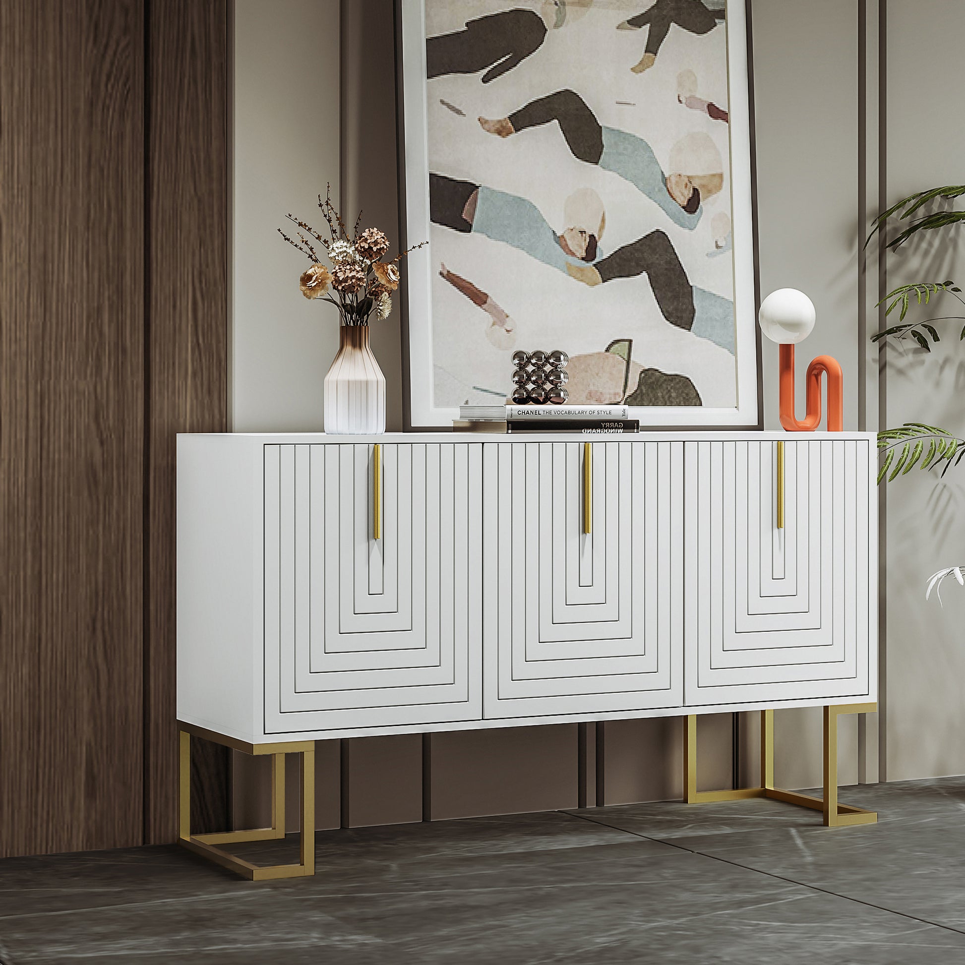 Gigab2b original image - Modernes 3-türiges Sideboard mit verstellbaren Regalen, U-förmigen Schranktüren und Metallgriffen und Sockel für Esszimmer und Küche (Weiß)