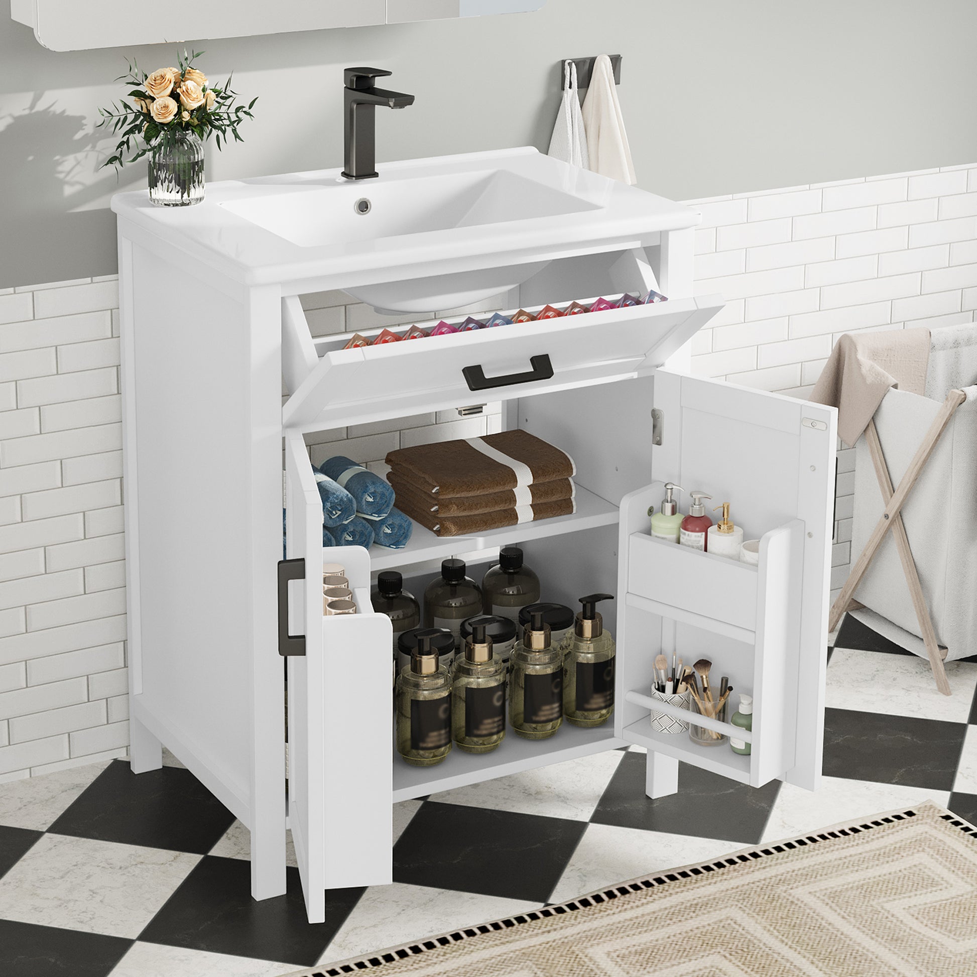 60 x 46 x 84,8 cm Bodenstehender Badezimmerschrank mit Waschbecken,Waschtisch,Volllackierung, Doppeltürregale, praktische Schubladen, verstellbare Regale, integriertes Keramikwaschbecken,weiß