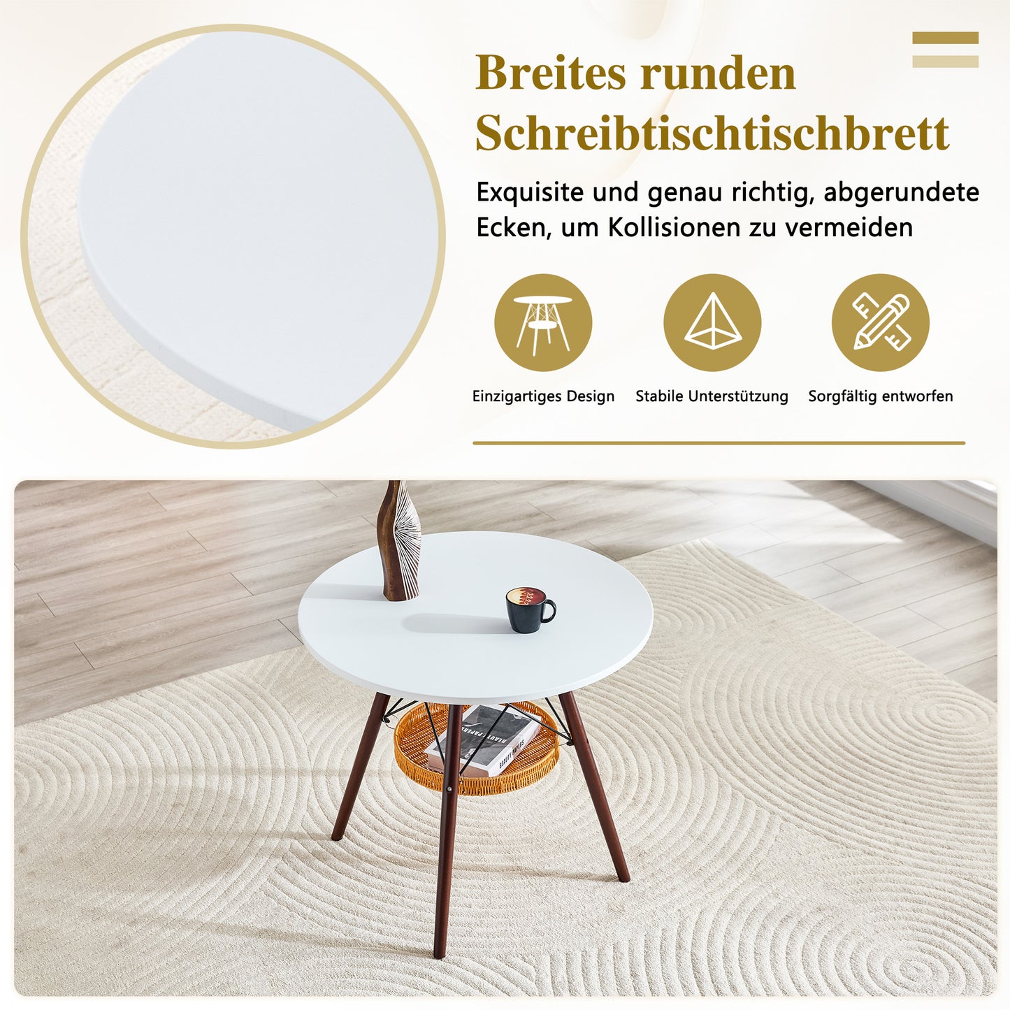 Runder Esstisch Ø 80 cm,Tischplatte aus weißem MDF, Tischbeine aus walnussfarbenem Massivholz, kombiniert mit einer schwebenden, geflochtenen Ablagekorbkonstruktion, geeignet für 2 bis 4 Personen.