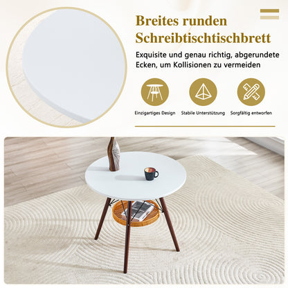 Runder Esstisch Ø 80 cm,Tischplatte aus weißem MDF, Tischbeine aus walnussfarbenem Massivholz, kombiniert mit einer schwebenden, geflochtenen Ablagekorbkonstruktion, geeignet für 2 bis 4 Personen.