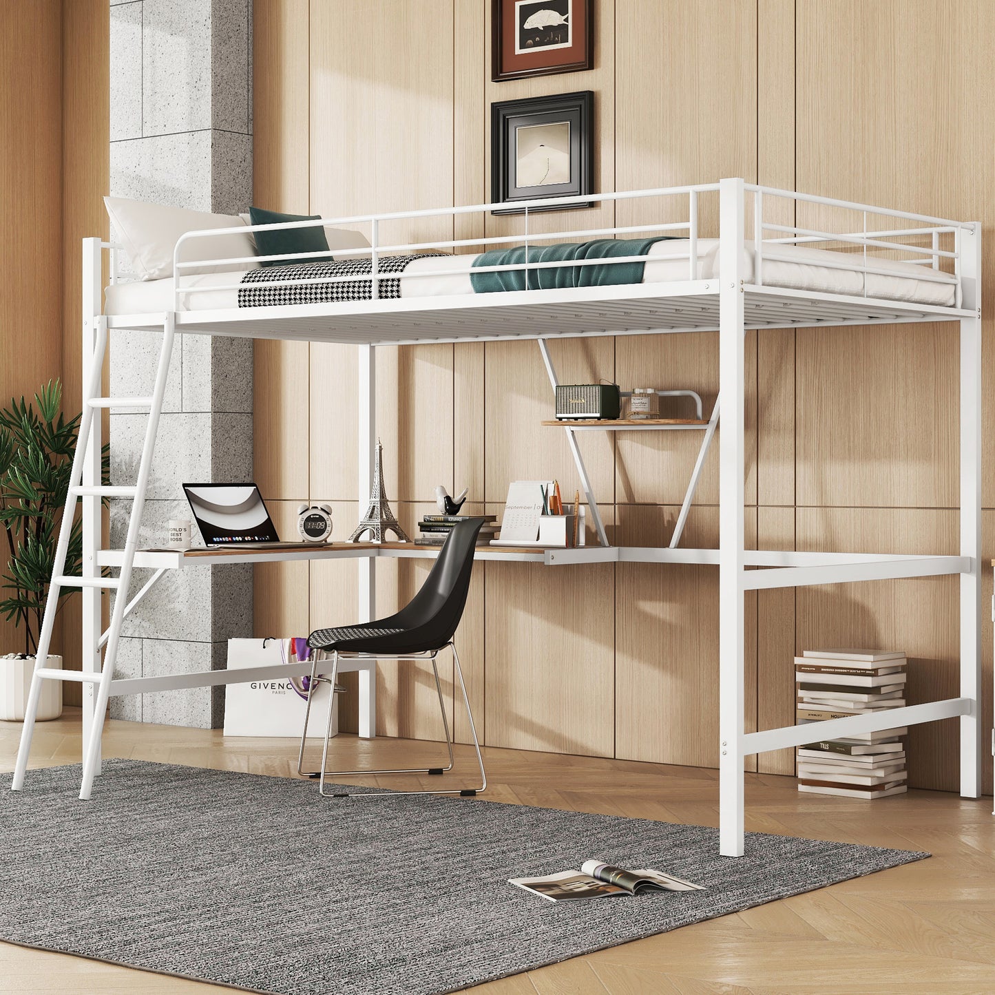 Gigab2b original image - Hochbett, 90x200cm Bettgestell Metallbett, Eisenbett, Hochbett mit L-förmigem Schreibtisch und einem Regal für Kinder, Jugendliche und Erwachsene, Ohne Matratze, Weiß