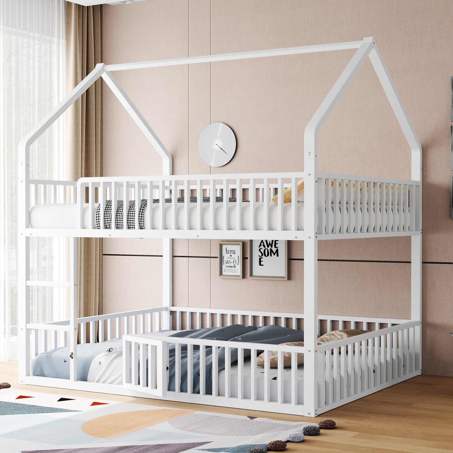 Gigab2b original image - Kinder-Etagenbett 140*200, Metall-Doppelbett, Kinder-Familienbett, Etagenbett mit Treppe, Loft-Design, Unteres Bett mit kleiner Tür zum Öffnen und Schließen, Weiß