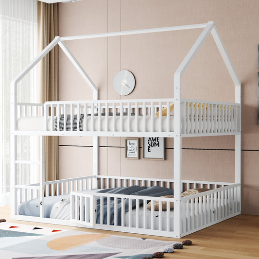 Gigab2b original image - Kinder-Etagenbett 140*200, Metall-Doppelbett, Kinder-Familienbett, Etagenbett mit Treppe, Loft-Design, Unteres Bett mit kleiner Tür zum Öffnen und Schließen, Weiß