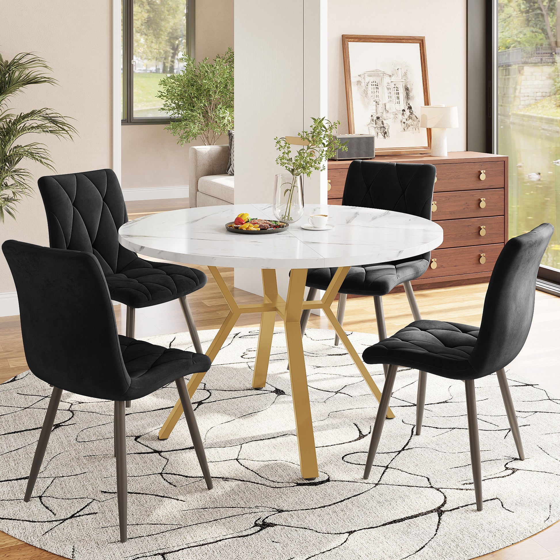 Gigab2b original image - Esstisch-Set, Esstisch- und Stuhlset (5-teilig), modernes, schlichtes rundes Esstisch- und Stuhlset aus Marmor, Goldfarbene Metalltischbeine + 4 ergonomische Samtstühle, schwarze Esszimmerstühle